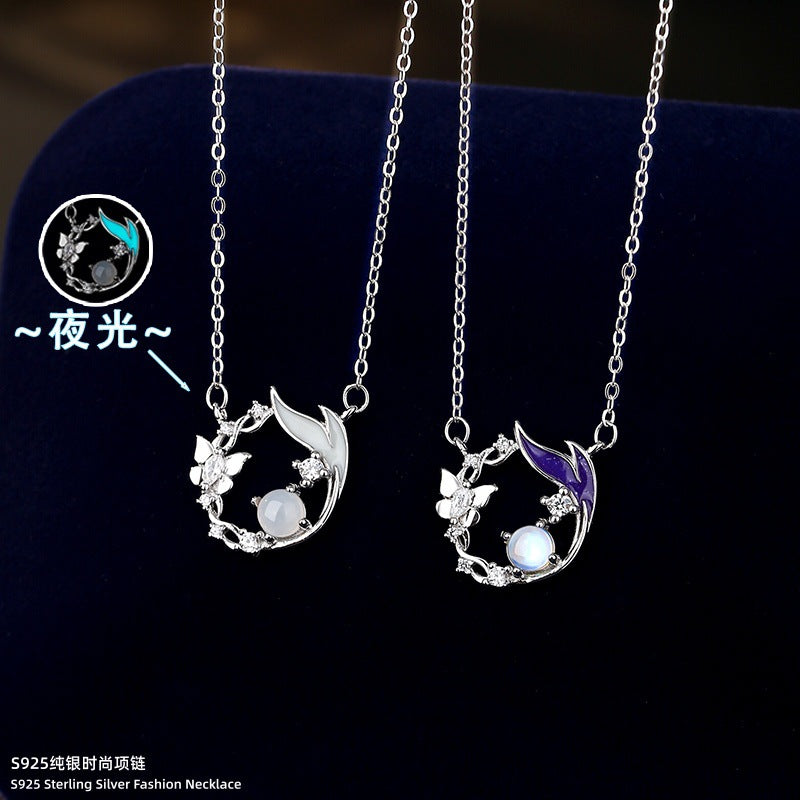 Natural White Agate S925 Sterling Silver Necklace Enamel Luminous Clavicle Chain Niche Ins Style Butterfly Garland Pendant