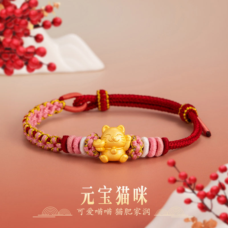 Cat Pure Silver 999 Bracelet New Chinese Style National Fashion Peach Blossom Hand-Woven Bracelet Ins Style Light Luxury Ingot Bracelet