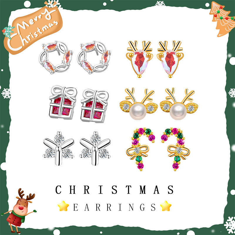 Christmas Week Sterling Silver 925 Stud Earrings Light Luxury High-Grade Elk Snowflake Series Earrings Cross-Border Bow Earrings