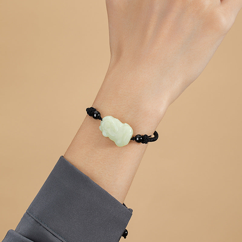 Natural Hetian Jade Bracelet Handmade Braided Rope Ethnic Style Unisex Black Agate Bracelet Gift