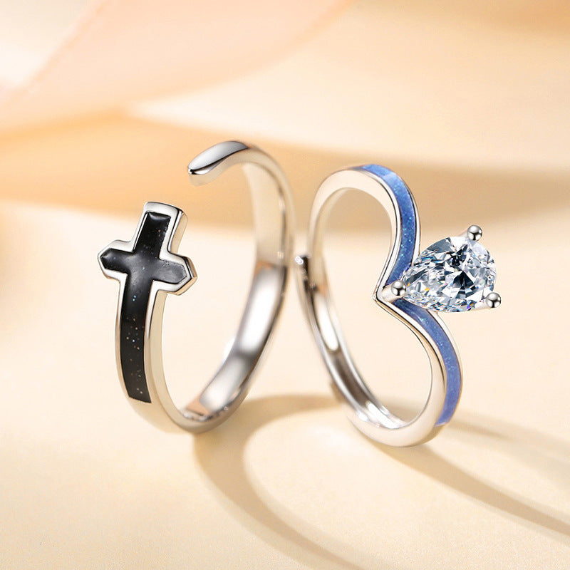 Princess and Knight Sterling Silver 925 Couple Ring Men's and Women's Niche Design Style Cross Zircon Crown Ring