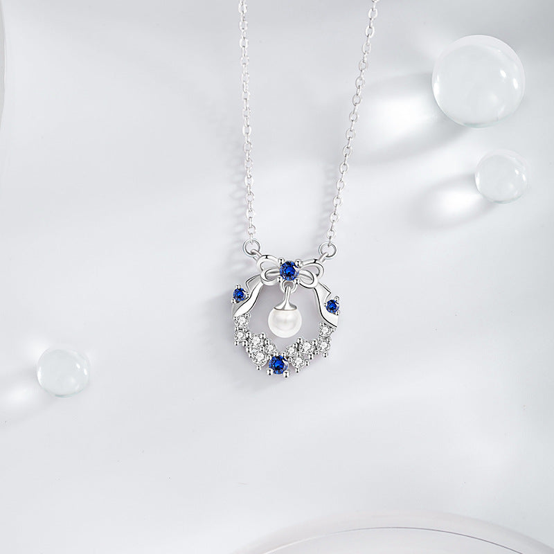 Bowknot Sterling Silver 925 Necklace Female Niche Design Light Luxury Pearl Bell Clavicle Chain Ins Style Garland Pendant
