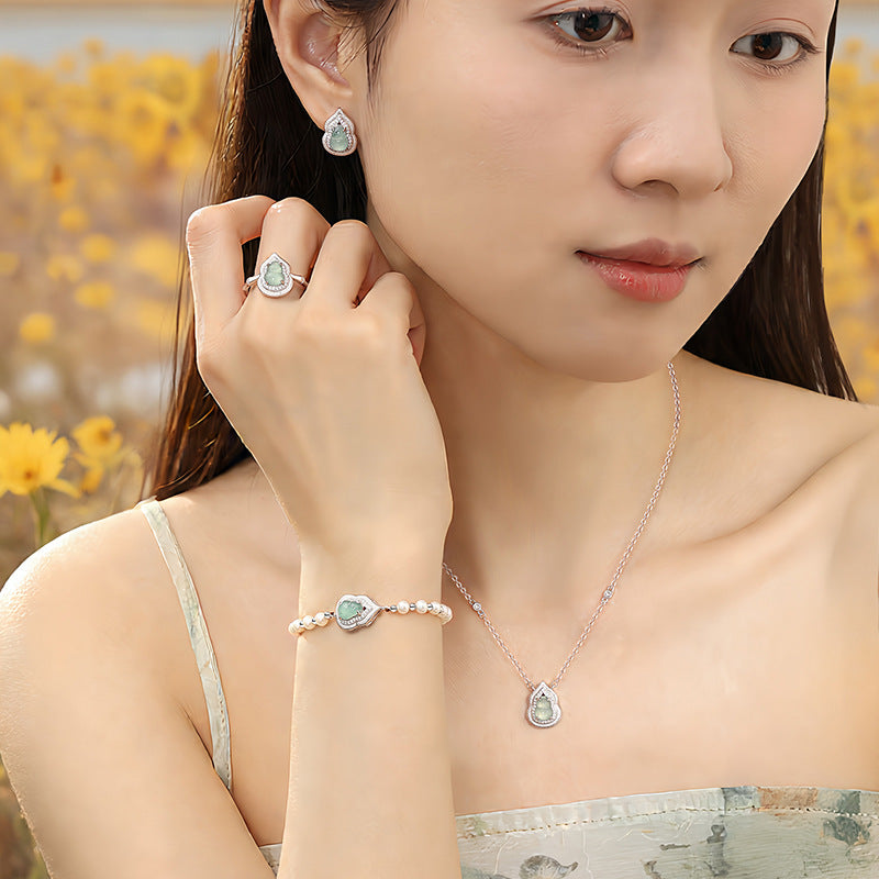 Natural Dangerous Material Green Blue Water Fu Lu Gourd Set S925 Sterling Silver Freshwater Pearl Necklace Bracelet Ring Earrings