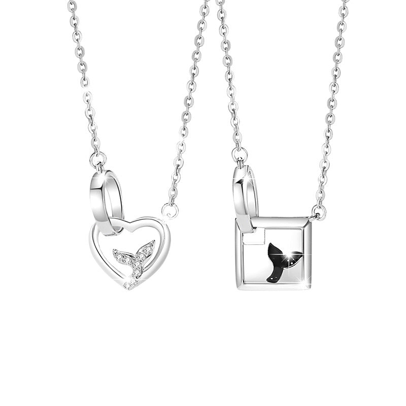 Whale Has You Sterling Silver 925 Couple Necklace Men and Women Fashion All-Match Fishtail Clavicle Chain Ins Style Love Pendant