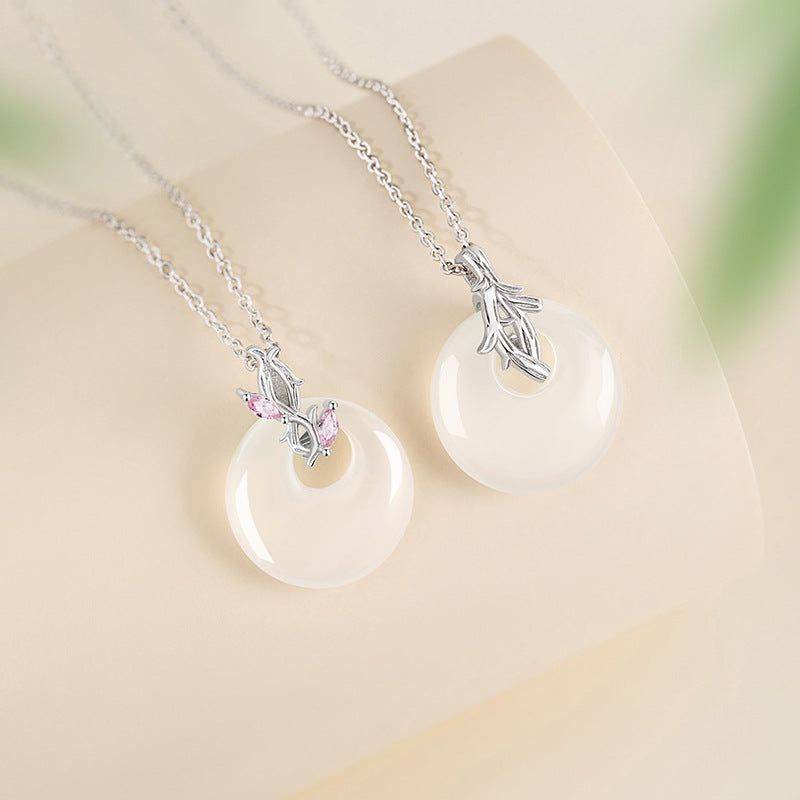 Original S925 Sterling Silver Couple Necklace Mori Branch Love Song White Chalcedony Princess Buckle Pendant Valentine's Day Gift