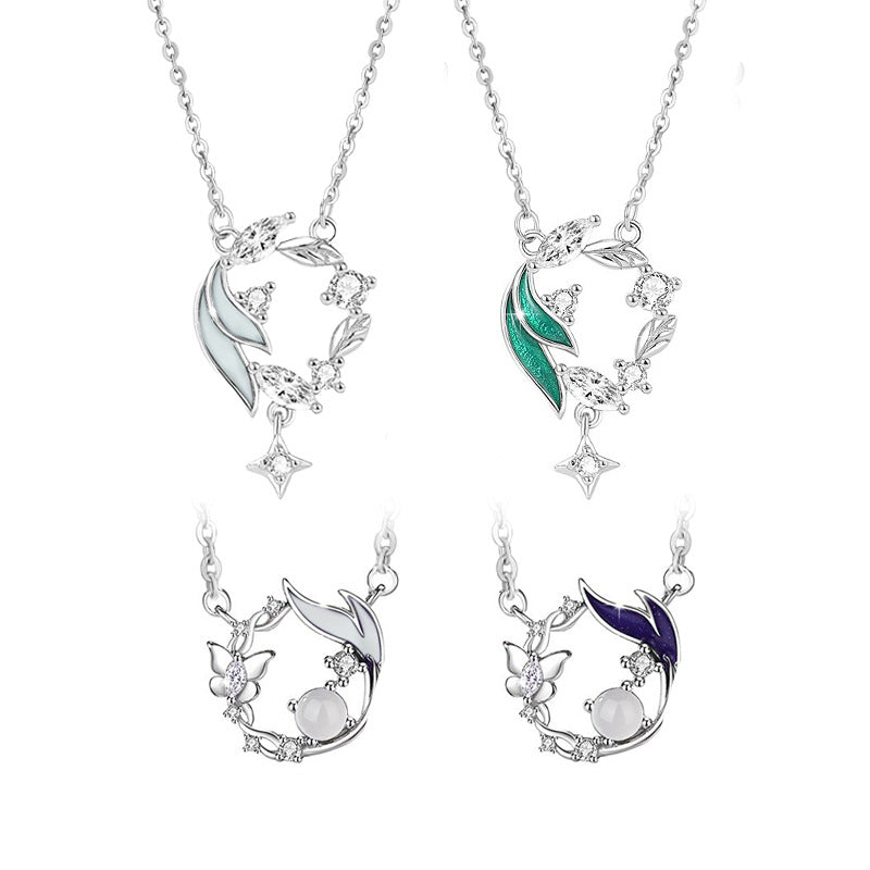 Natural White Agate S925 Sterling Silver Necklace Enamel Luminous Clavicle Chain Niche Ins Style Butterfly Garland Pendant