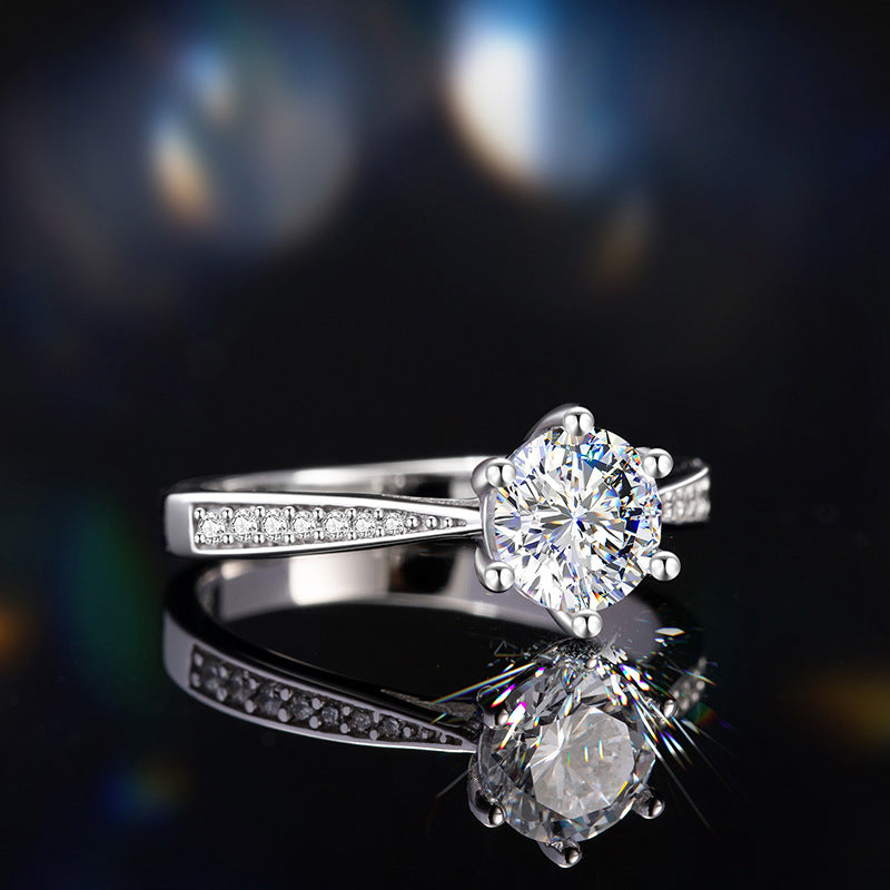 Sterling Silver 925 Diamond Ring Women's Fashion Versatile 6-Claw Moissanite Ring 1 Karat Cross-Border Wedding Ring Gift