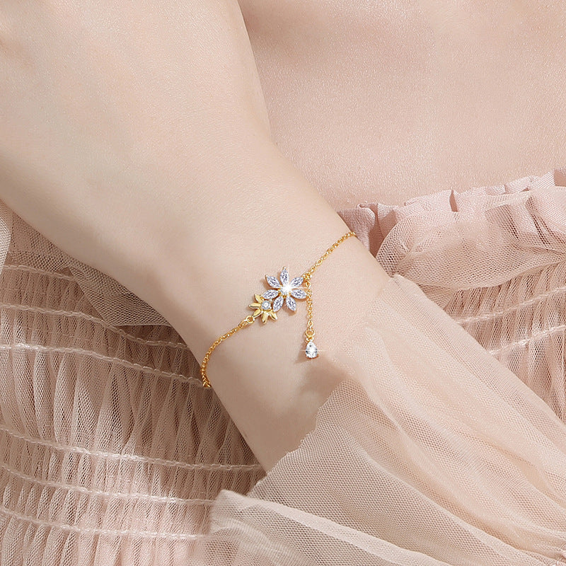 Flowers like Brocade Sterling Silver 925 Bracelet Female Niche Design Light Luxury Sunflower Bracelet Qixi Ins Flower Bracelet
