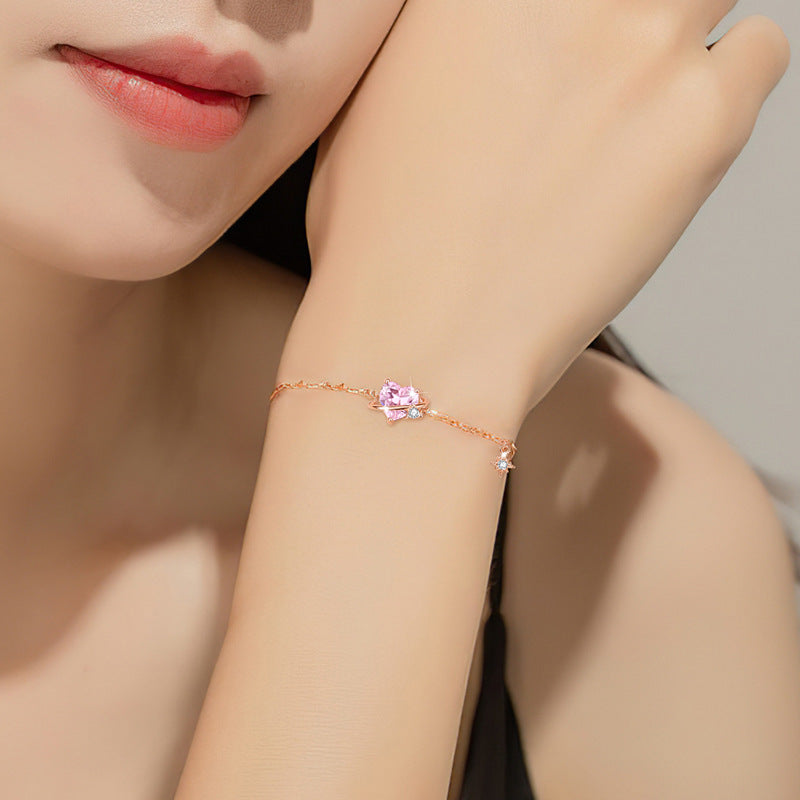 Planet Sterling Silver 925 Bracelet Female Niche Design Light Luxury Pink Diamond Bracelet Get Things Ins Style Love Zircon Bracelet