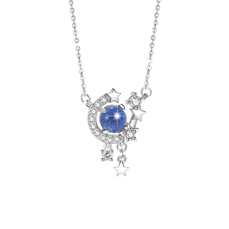 Moon Sterling Silver 925 Necklace Female Niche Design Light Luxury Glass Stone Clavicle Chain Ins Style Star Tassel Pendant