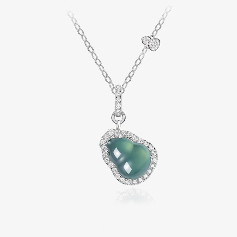 Fu Lu Double Full Sterling Silver 925 Necklace Women's New Chinese National Fashion Dangerous Material Blue Water Jade Clavicle Chain Ins Gourd Pendant