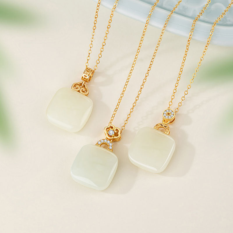 Xiangyun Ruyi Small Square Sugar Sterling Silver 925 Necklace Women's New Chinese National Fashion Hetian Jade Clavicle Chain No-Matter Brand Pendant
