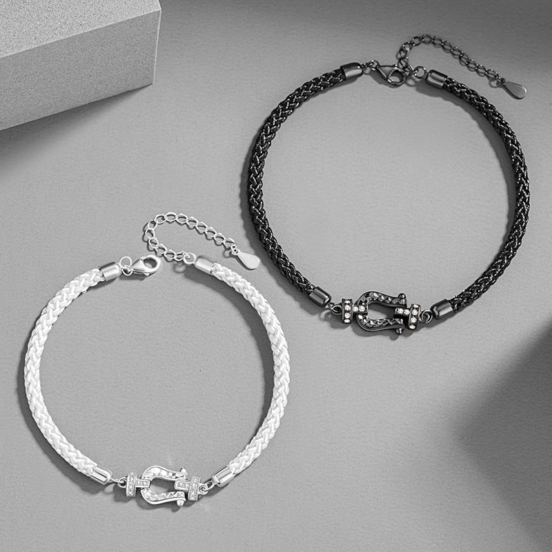 Horseshoe Buckle Sterling Silver 925 Couple Bracelet Niche Design Light Luxury Navigation Buckle Zircon Bracelet Ins Double Ring Bracelet