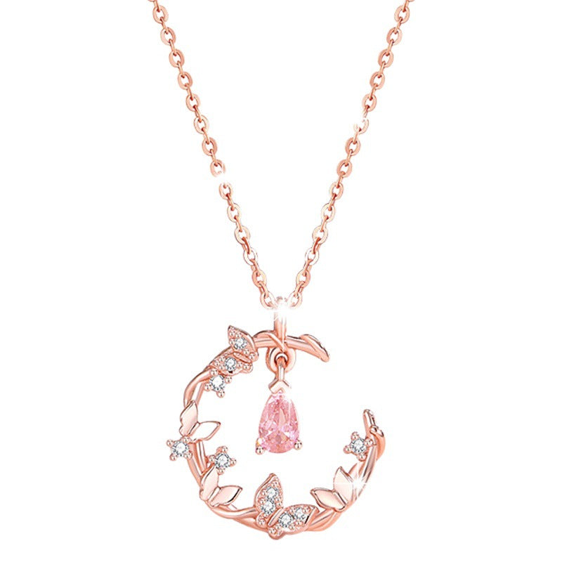 Butterfly Sterling Silver 925 Necklace Women's Fashionable All-Match Pink Zircon Clavicle Chain, INS Style Flower Pendant