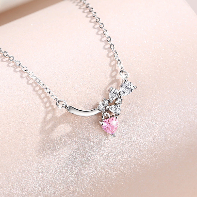 Lovely Sterling Silver 925 Necklace Women's Fashion Versatile Pink Zircon Clavicle Chain 520 Valentine's Day Star Pendant