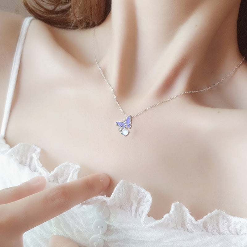 Original Design Butterfly Necklace Female 925 Silver Mori Style Valentine's Day Niche Personality Glaze Ins Cute Pendant