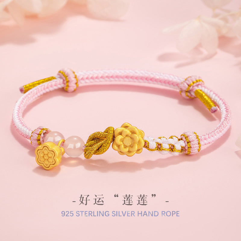 Good Luck Continuous Sterling Silver 925 Woven Bracelet Female New Chinese National Fashion Chalcedony Lotus Bracelet Ins Lucky Beads Bracelet