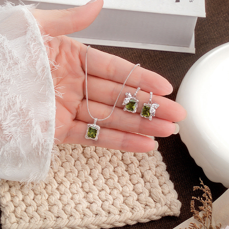 S925 Sterling Silver Olive Green Zircon Set Niche Light Luxury Lava Love Texture Necklace Earrings Gift for Girlfriend