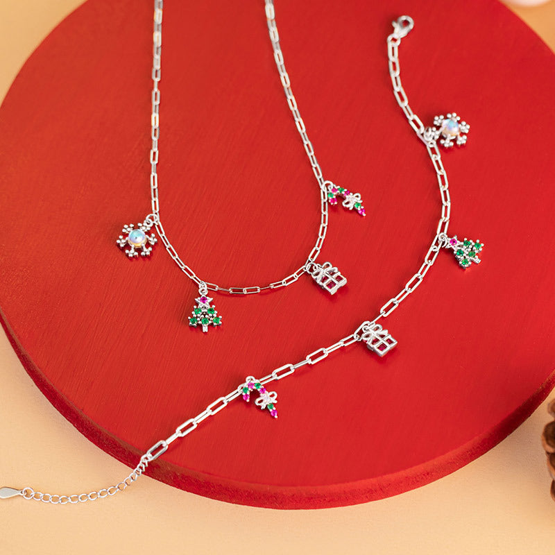 Christmas Tree Sterling Silver 925 Necklace Niche Design Light Luxury Snowflake Zircon Clavicle Chain Ins Style Bow Pendant