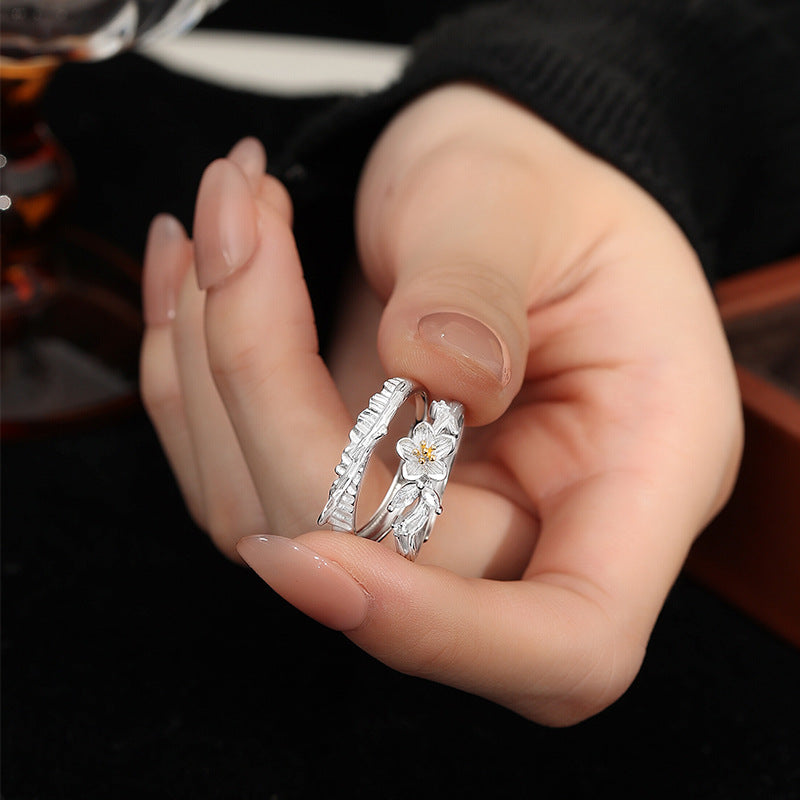 S925 Sterling Silver Couple Ring Light Luxury Niche Advanced Design Open Silver Couple Ring Valentine's Day Gift
