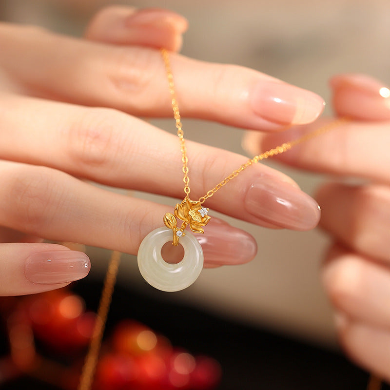 New Chinese Style S925 Sterling Silver Necklace Women's Natural Hetian Jade Lotus Pendant Elegant Valentine's Day Gift National Style Silver Jewelry