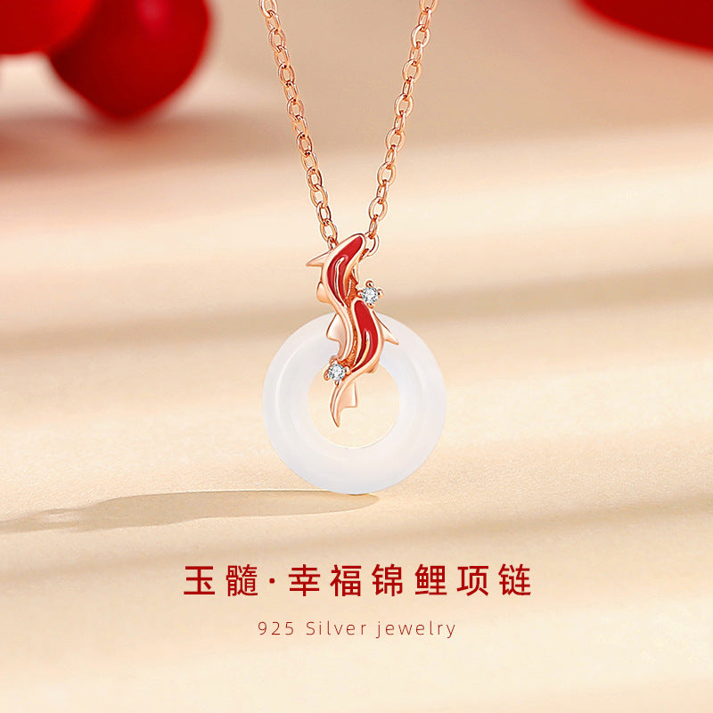 Koi Fish S925 Silver Chalcedony Necklace Female Niche Design Light Luxury Zircon Clavicle Chain Ins Safety Buckle Pendant