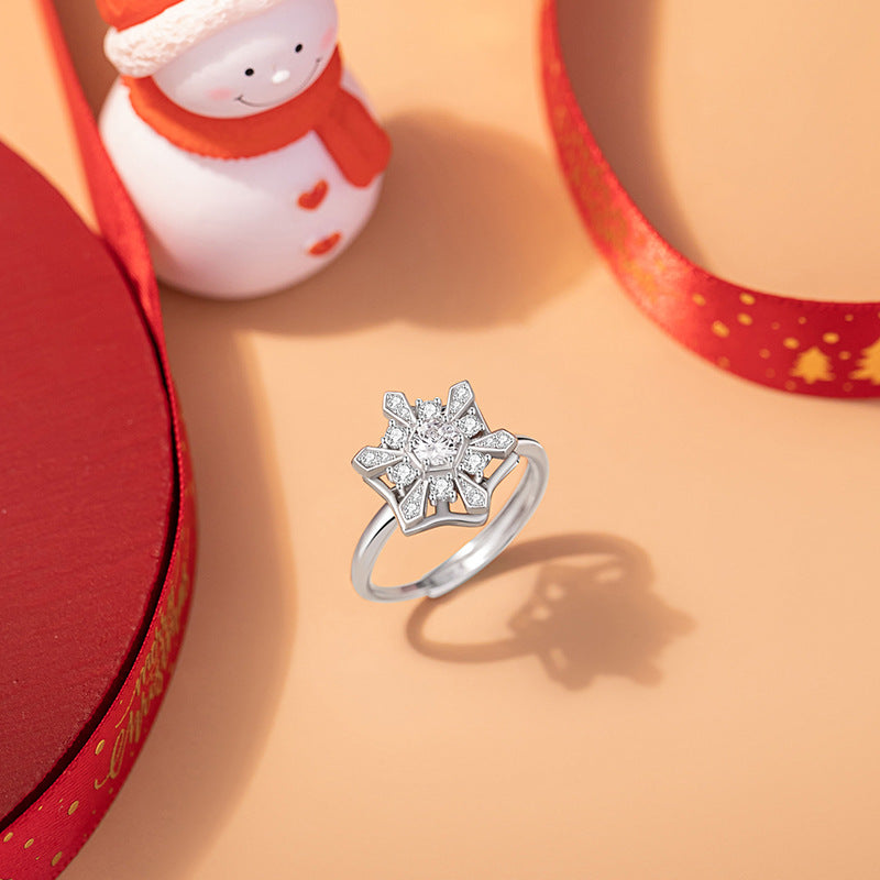 Snowflake Rotating Sterling Silver 925 Ring Female Niche Design Light Luxury Christmas Zircon Ring Ins Star Pair Ring