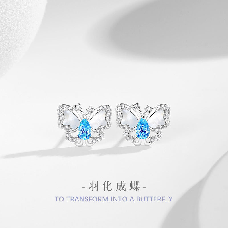 Original Butterfly Sterling Silver 925 Stud Earrings Female Niche Design Light Luxury Navy Blue Zircon Earrings Ins White Fritillary Earrings