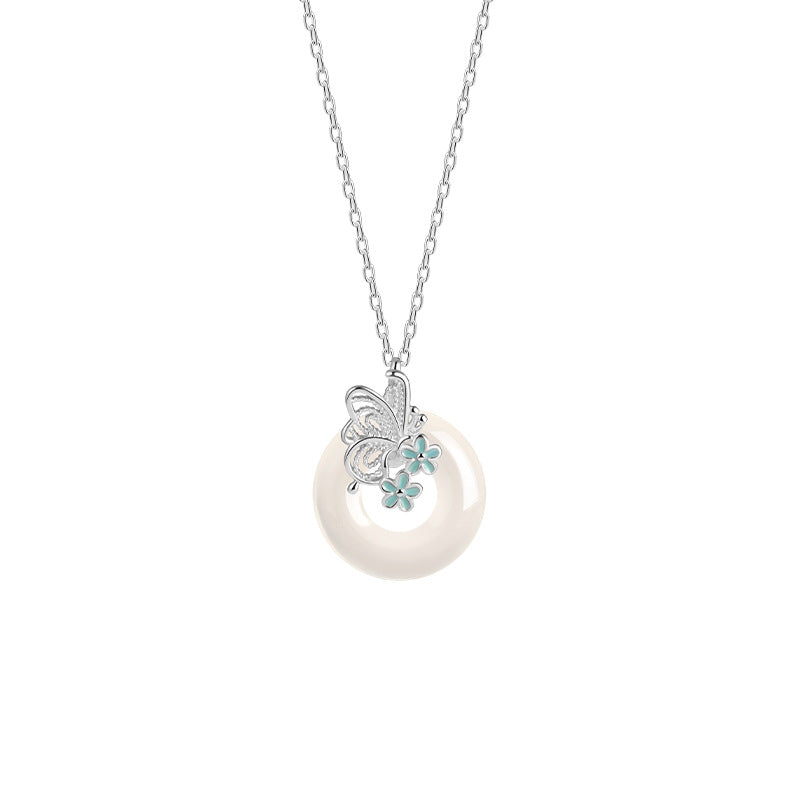 S925 Sterling Silver Enamel Craft Butterfly Safety Buckle Pendant National Fashion White Chalcedony Clavicle Chain Gift for Mom and Girlfriend