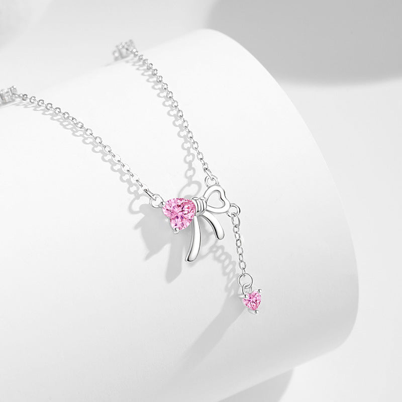 Bow Sterling Silver 925 Necklace Female Cute Sweet Style Pink Zircon Clavicle Chain Ins High-Grade Love Pendant