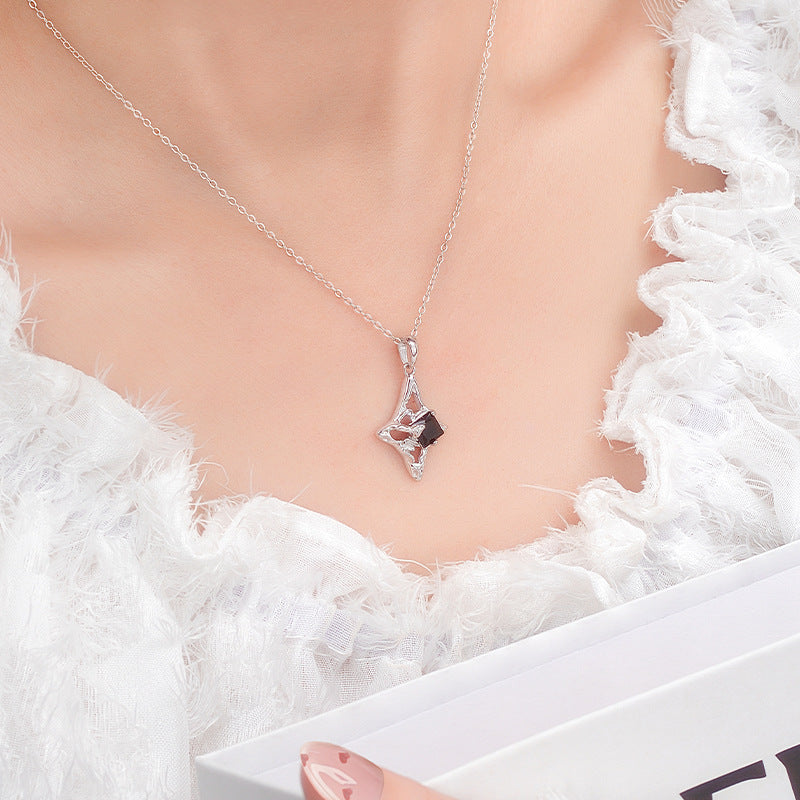 Cool Style S925 Sterling Silver Necklace Ring Stud Earrings Star Jewelry Set Black Zircon Niche Design Light Luxury Jewelry