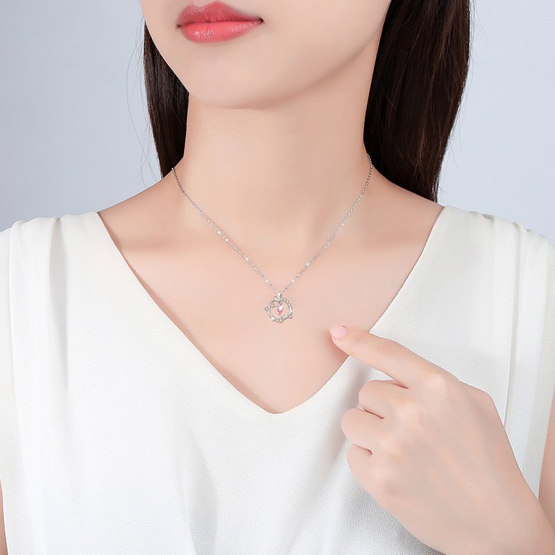 Lovely Sterling Silver 925 Necklace Female Niche Design Light Luxury Pink Zircon Clavicle Chain Get Things Ins Flower Pendant