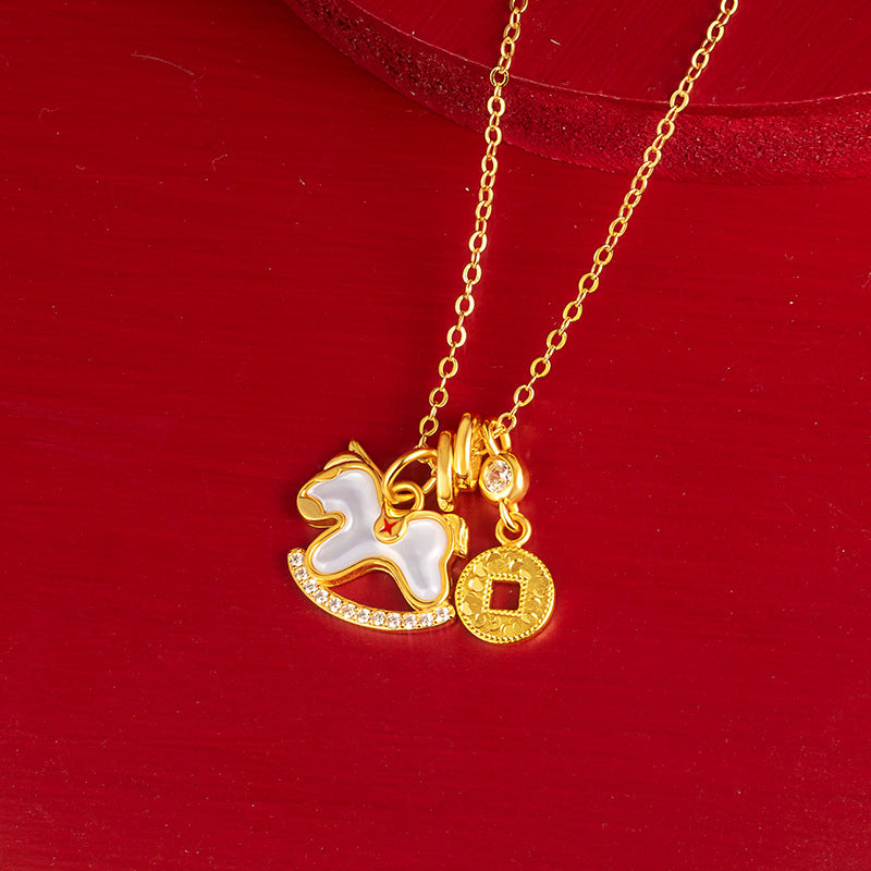 Immediately Rich S925 Sterling Silver Necklace Women's High-Grade White Fritillary Birth Year Niche Clavicle Chain Horse Zodiac Pendant