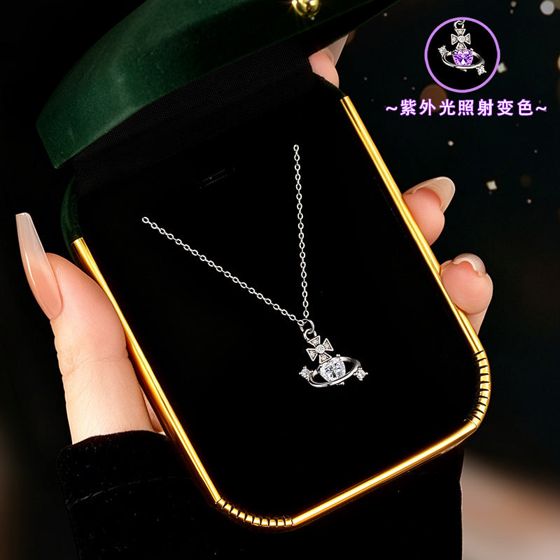 Planet Queen Mother's Same S925 Sterling Silver Necklace Female UV Color Changing Creative Clavicle Chain Niche Silver Jewelry Wholesale