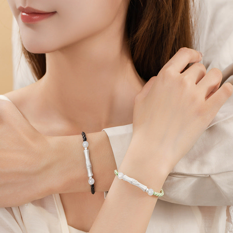 Festival High-Rise Sterling Silver 925 Couple Chalcedony Bracelet National Fashion New Chinese Style Bamboo Bracelet Ins Style Bamboo Bracelet