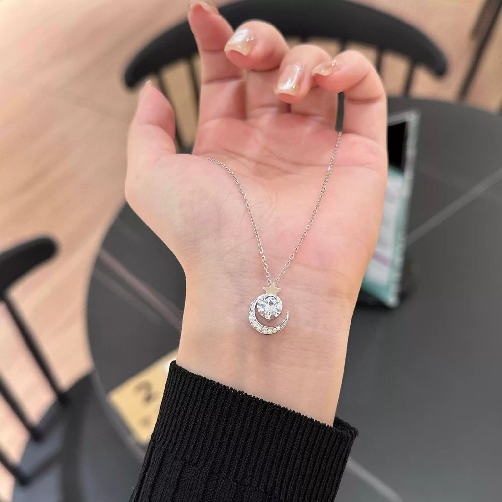 Star Pure Silver 999 Necklace Female Niche Design Light Luxury Zircon Clavicle Chain Internet Celebrity Hot Selling Ins Moon Pendant