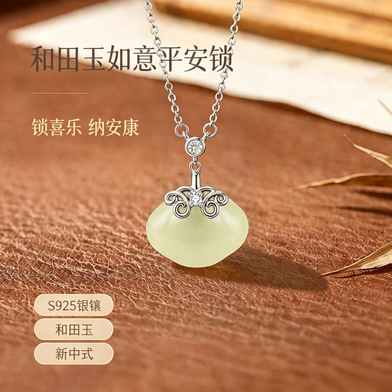 Original Xiangyun Ruyi Hetian Jade S925 Sterling Silver Necklace Women's New Chinese Clavicle Chain National Style Safety Lock Pendant