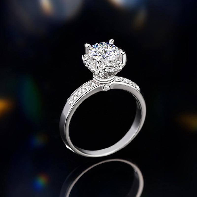 Sterling Silver 925 Diamond Ring Women's Light Luxury Niche High-Grade Four-Claw Moissanite round Ring 1 Karat Wedding Ring