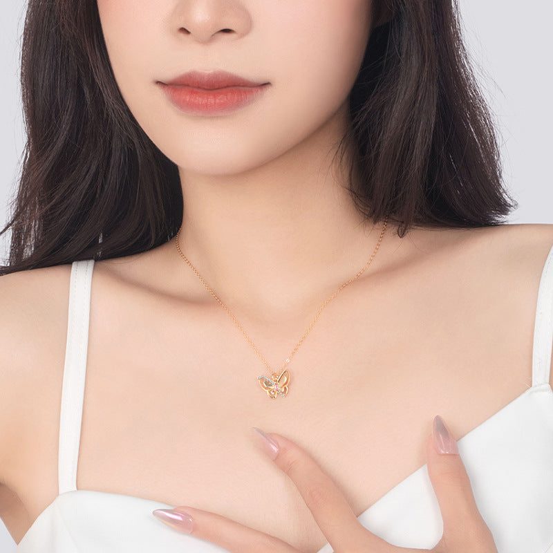 Butterfly Sterling Silver 925 Necklace Female Niche Design Light Luxury Pink Diamond Clavicle Chain Get Things Ins Style Wings Pendant