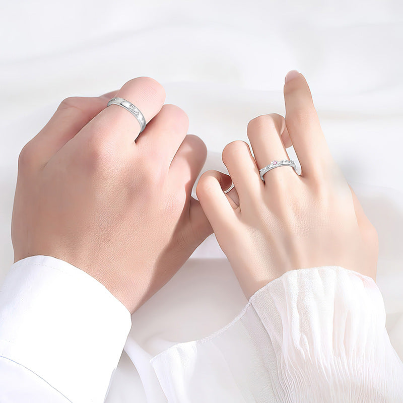 Little Prince and Rose Sterling Silver 925 Couple Ring Men and Women Fashion All-Match Pink Diamond Ring Star Pair Ring