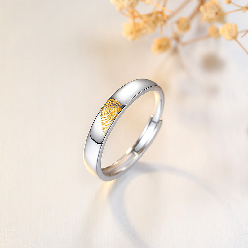 Love Fingerprint Sterling Silver 925 Couple Ring Men and Women Niche Design Light Luxury Ins Style Valentine's Day Gift Ring