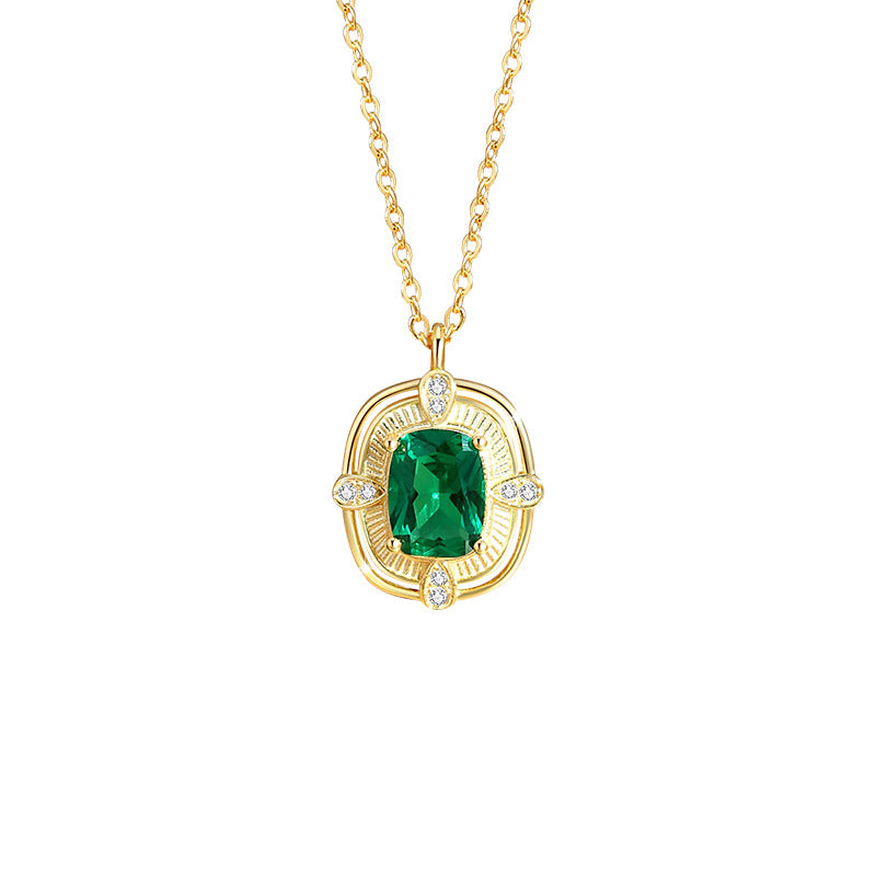 Square Sugar Sterling Silver 925 Necklace Female Niche Design Light Luxury Emerald Zircon Clavicle Chain High-Grade Cross-Border Pendant