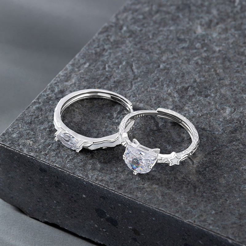 Fox 999 Pure Silver Luminous Couple Ring Men's and Women's Light Luxury High-Grade Zircon Ring Ins Wind Star Ring