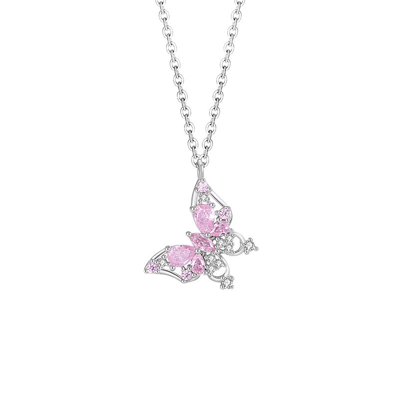 Fantasy Butterfly Sterling Silver 925 Necklace Female Niche Light Luxury Sweet Style Pink Zircon Clavicle Chain Ins Love Pendant