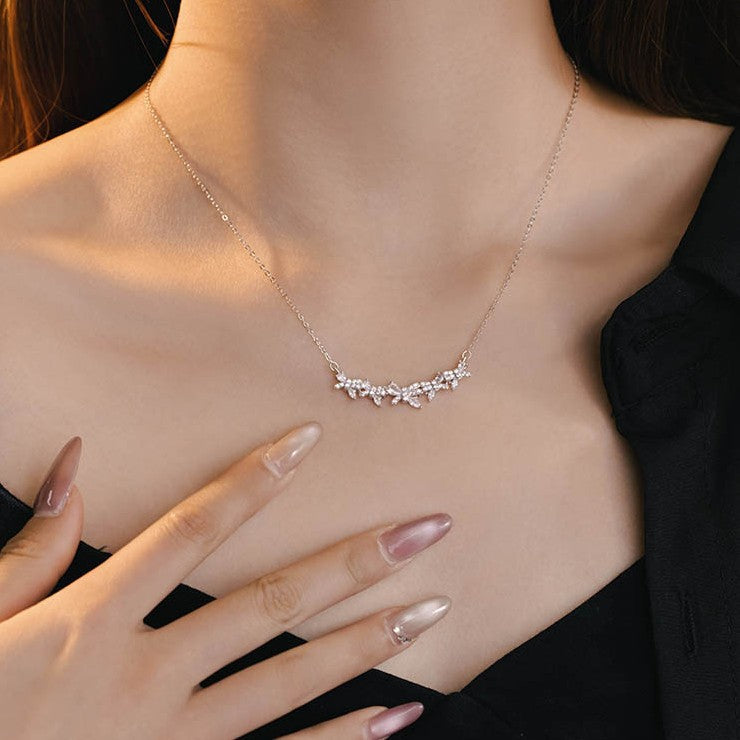 Bowknot Sterling Silver 925 Necklace Women's Light Luxury High-Grade Floral-like Brocade Clavicle Chain Ins Little Red Book Same Pendant