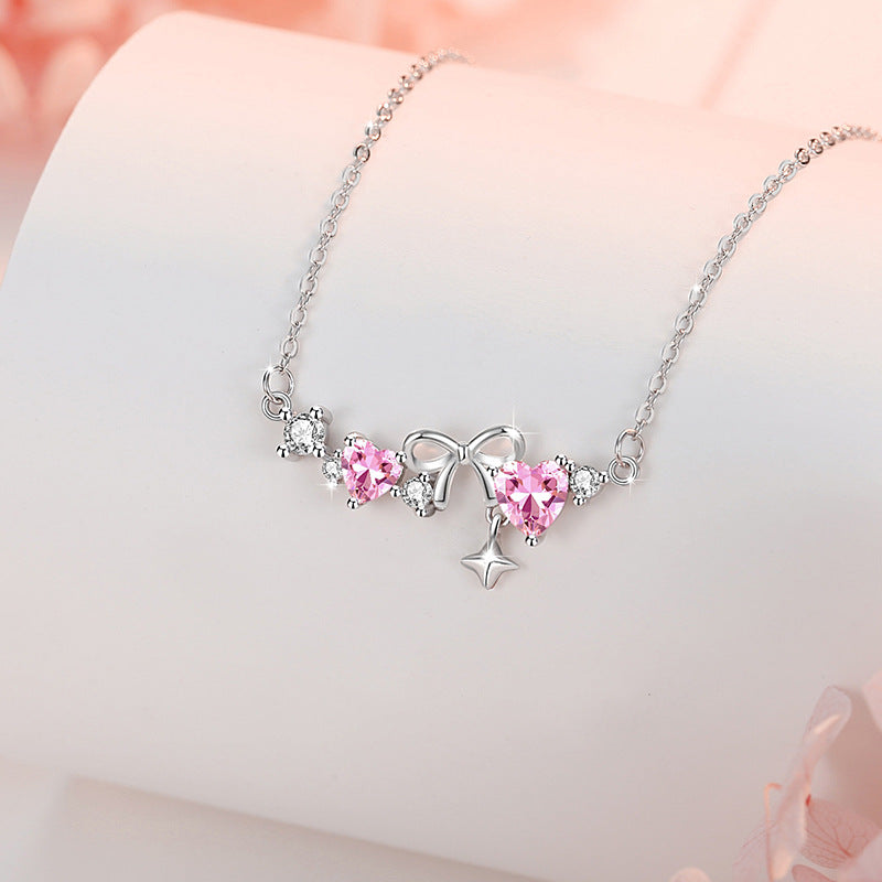 Bowknot Sterling Silver 925 Necklace Female Niche Design Light Luxury Star Tassel Clavicle Chain Ins Style Love Pendant