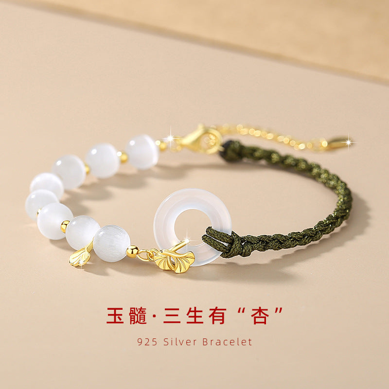 Safety Buckle Chalcedony Sterling Silver 925 Bracelet Women's National Fashion Light Luxury Opal Apricot Leaf Bracelet Lucky Bracelet
