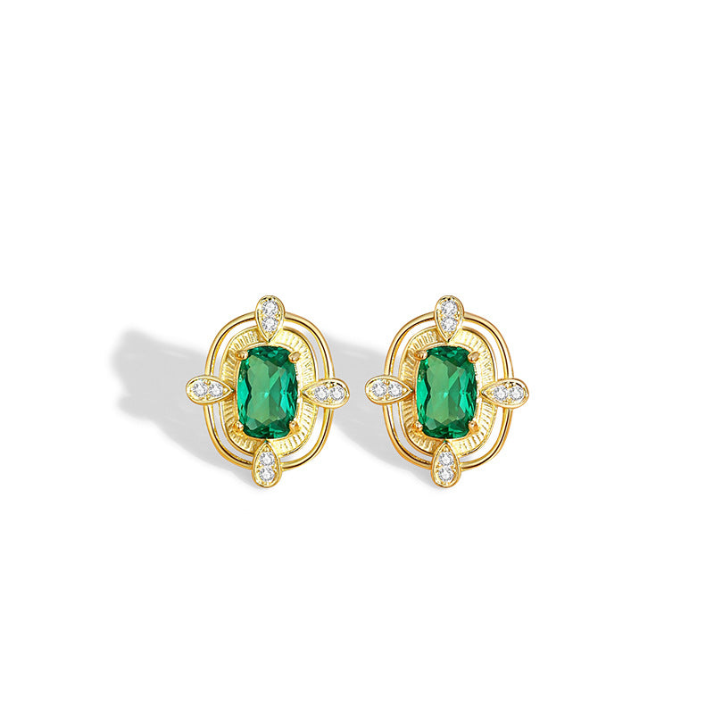 Square Sugar Sterling Silver 925 Stud Earrings Female Niche Design Light Luxury Emerald Zircon Earrings High-Grade Cross-Border Earrings
