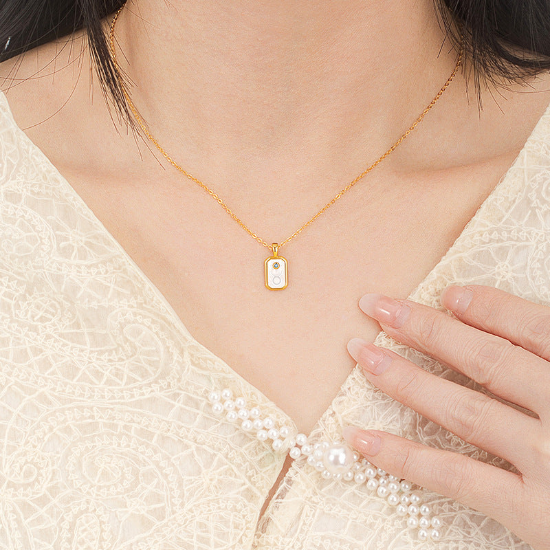 European and American Cross-Border Twelve Constellation S925 Silver Necklace White Fritillary Square Pendant Birthday Stone Niche Design Necklace