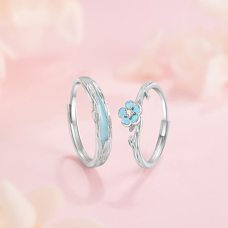 Camellia Sterling Silver 925 Luminous Couple Ring Sweet Cute Flower Ring Ins Valentine's Day Cherry Blossom Ring